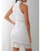 White Lace Hollow Out Design High Neck Off Shoulde...