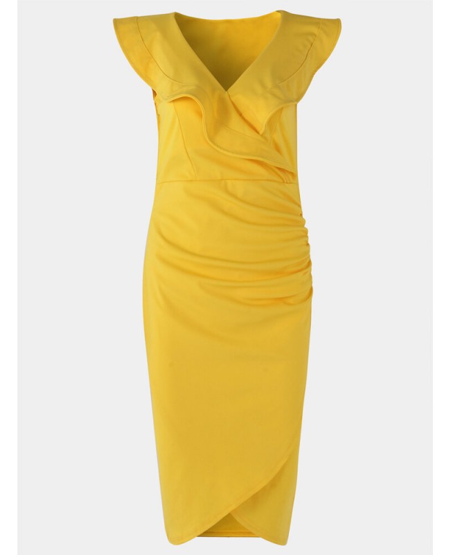 Yellow V-neck Irregular Hem Crossed Front Design Ruffle Midi Dress - Yellow M