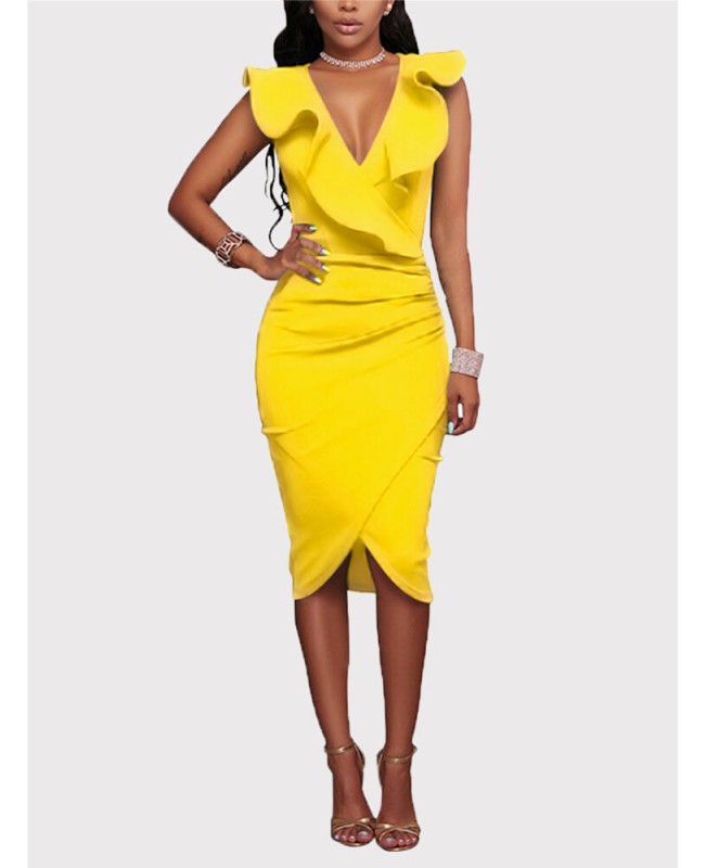Yellow V-neck Irregular Hem Crossed Front Design R...