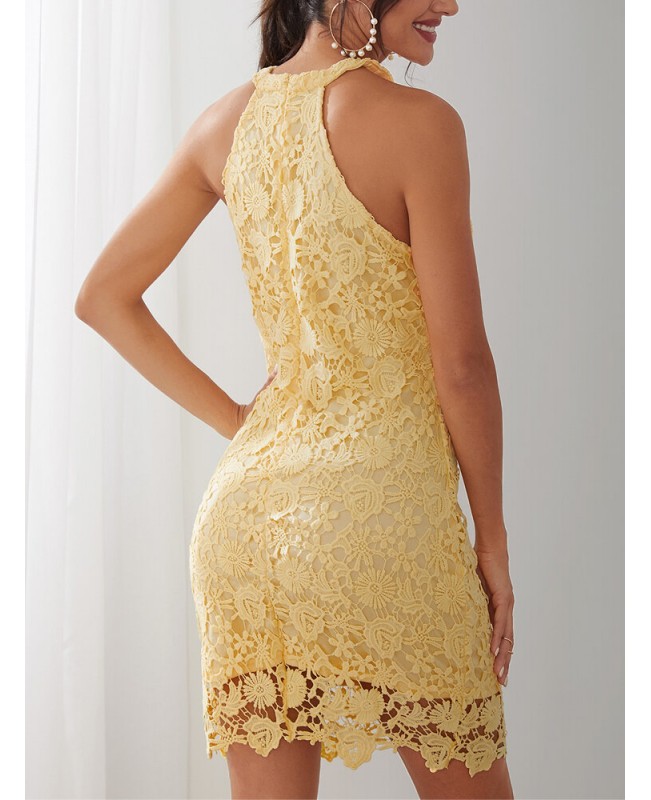 Yellow Halter Lace Hollow Out Bodycon Sleeveless Elegant Mini Dress - Yellow XS