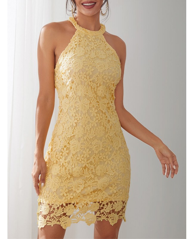 Yellow Halter Lace Hollow Out Bodycon Sleeveless E...