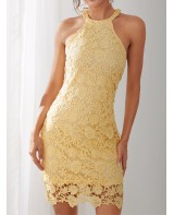 Yellow Halter Lace Hollow Out Bodycon Sleeveless E...