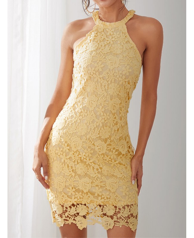 Yellow Halter Lace Hollow Out Bodycon Sleeveless E...