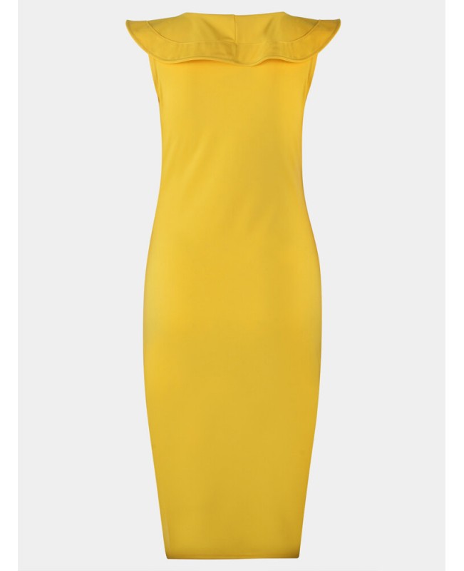 Yellow V-neck Irregular Hem Crossed Front Design Ruffle Midi Dress - Yellow M