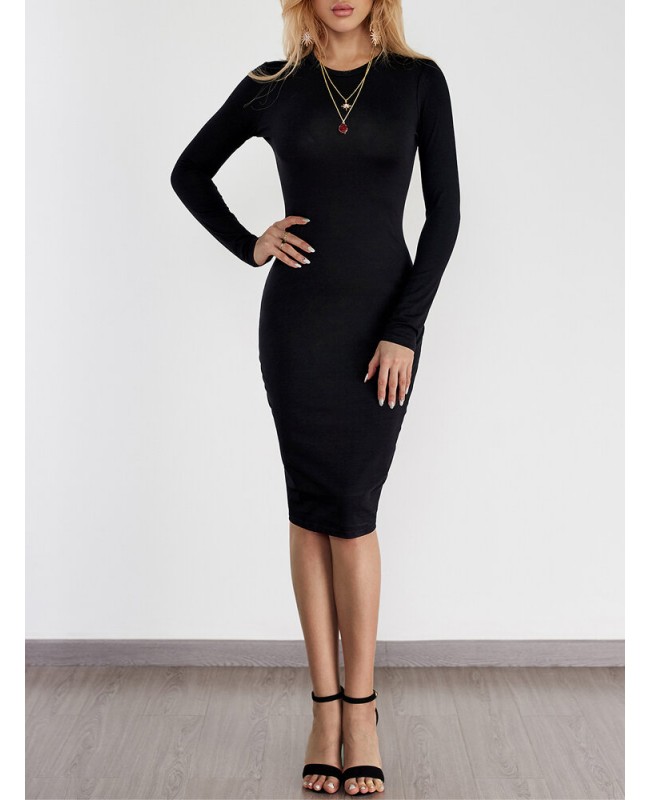 Black Round Neck Long Sleeve Slim Midi Dress - Black S