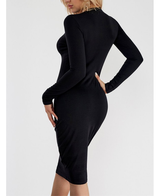 Black Round Neck Long Sleeve Slim Midi Dress - Bla...