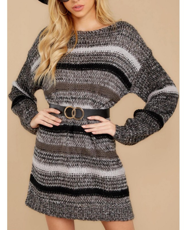 Women Striped Knitting Round Neck Long Sleeve Loose Sweater Dresses - khaki XL