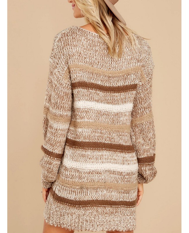 Women Striped Knitting Round Neck Long Sleeve Loose Sweater Dresses - khaki XL
