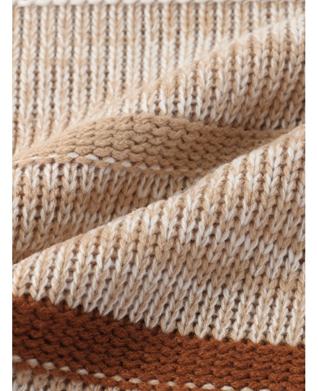 Women Striped Knitting Round Neck Long Sleeve Loose Sweater Dresses - khaki XL
