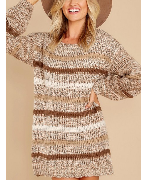 Women Striped Knitting Round Neck Long Sleeve Loos...