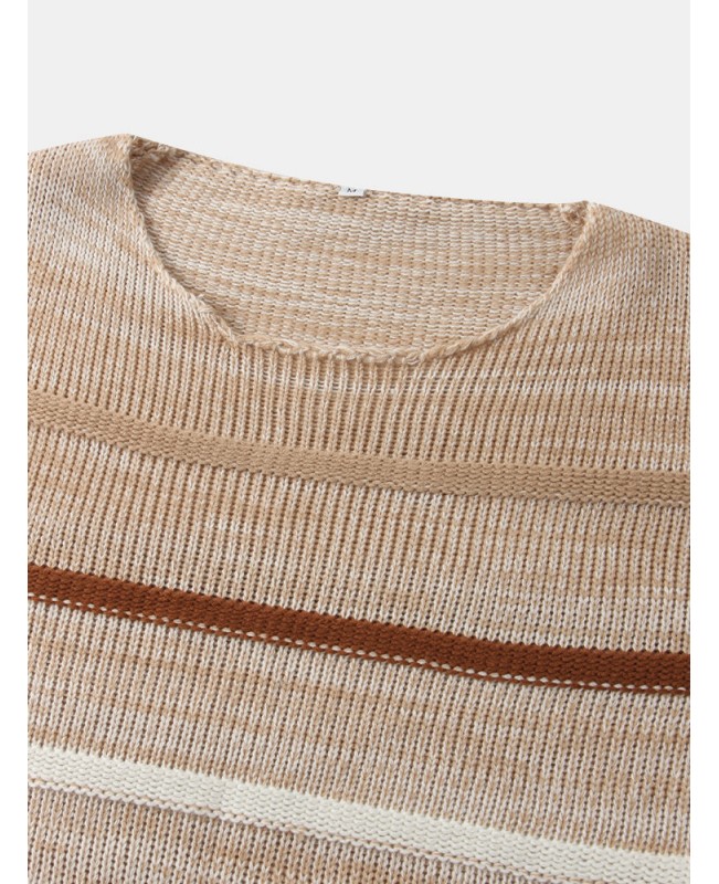 Women Striped Knitting Round Neck Long Sleeve Loose Sweater Dresses - khaki XL
