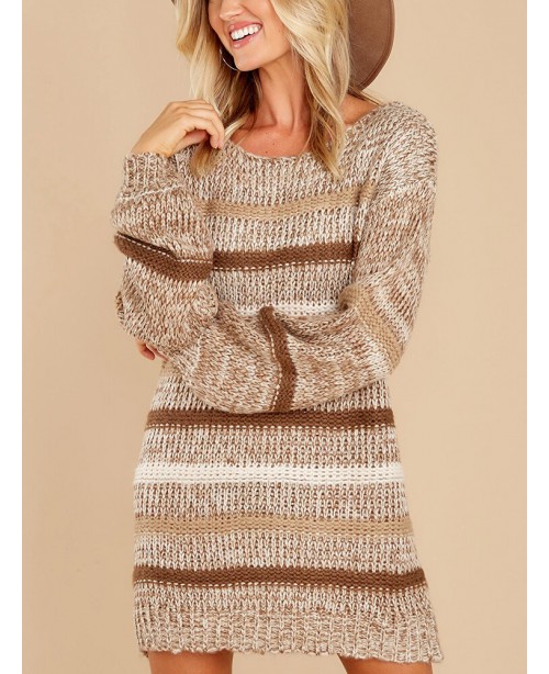 Women Striped Knitting Round Neck Long Sleeve Loos...
