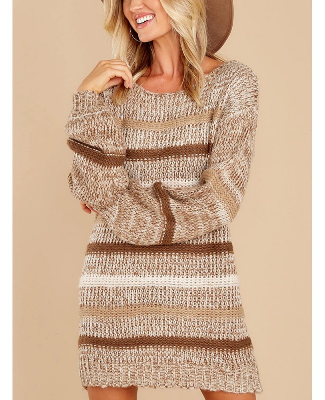Women Striped Knitting Round Neck Long Sleeve Loose Sweater Dresses - khaki XL