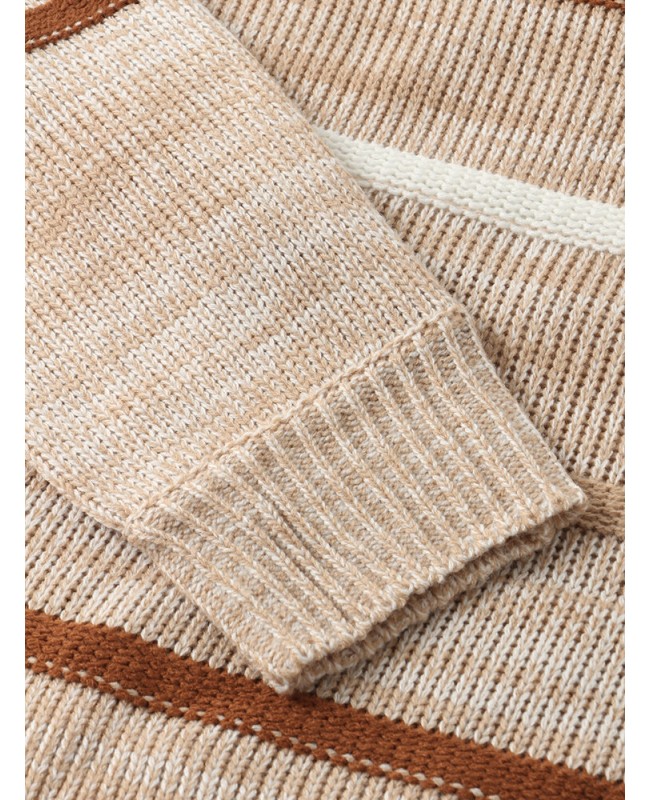 Women Striped Knitting Round Neck Long Sleeve Loose Sweater Dresses - khaki XL
