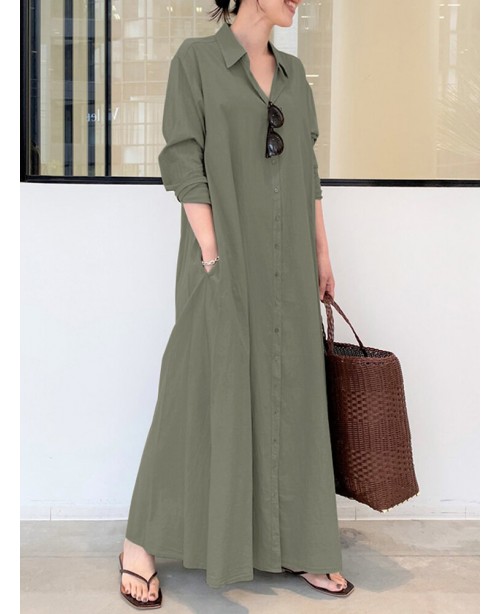 Women Retro Solid Color Turn-Down Collar Loose Cas...