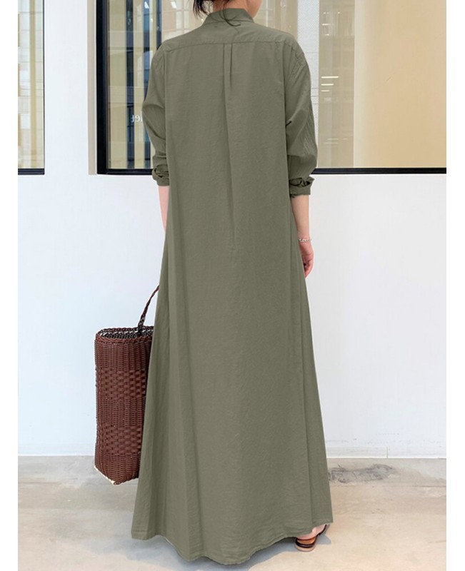 Women Retro Solid Color Turn-Down Collar Loose Casual Shirt Dress With Pocket - Army Green S