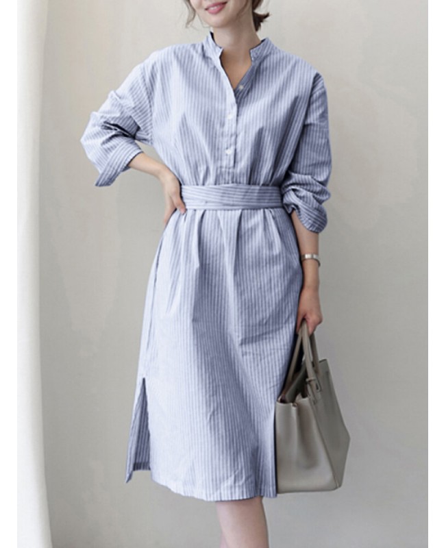 Stripe Pocket Belt Slit Hem Long Sleeve Stand Collar Dress - Black M