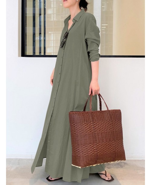 Women Retro Solid Color Turn-Down Collar Loose Cas...