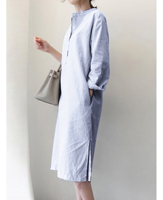 Stripe Pocket Belt Slit Hem Long Sleeve Stand Collar Dress - Black M