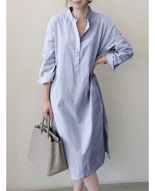 Stripe Pocket Belt Slit Hem Long Sleeve Stand Coll...