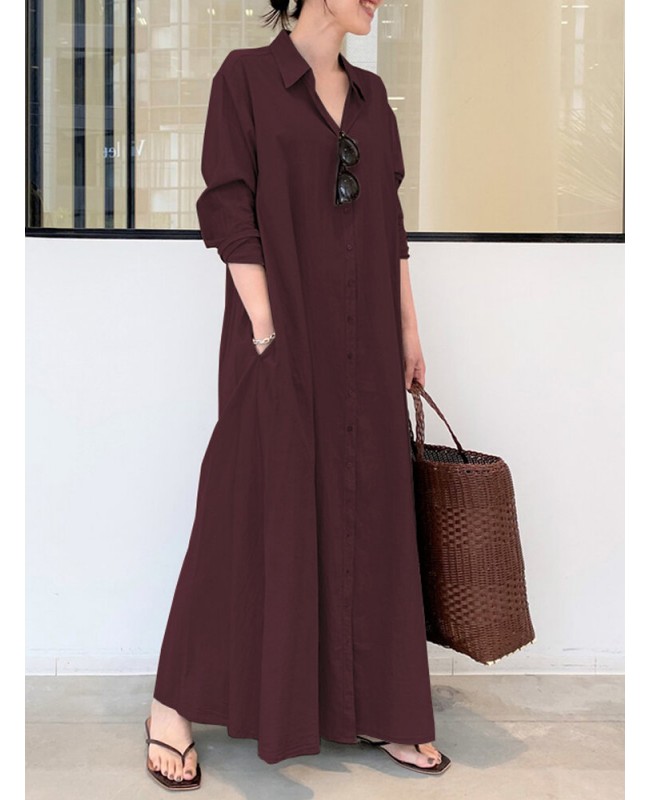 Women Retro Solid Color Turn-Down Collar Loose Casual Shirt Dress With Pocket - Army Green S