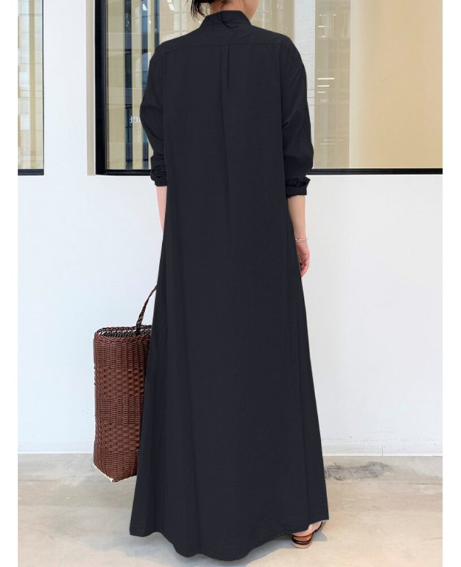 Women Retro Solid Color Turn-Down Collar Loose Casual Shirt Dress With Pocket - Army Green S
