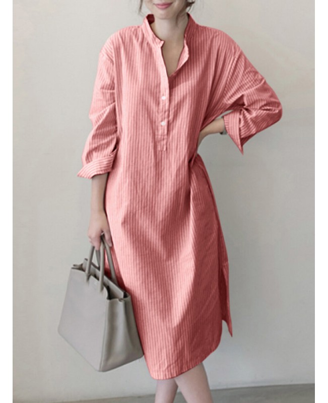 Stripe Pocket Belt Slit Hem Long Sleeve Stand Collar Dress - Black M