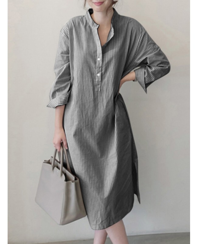Stripe Pocket Belt Slit Hem Long Sleeve Stand Collar Dress - Black M
