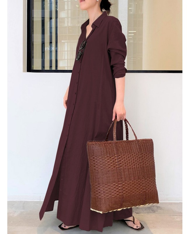 Women Retro Solid Color Turn-Down Collar Loose Casual Shirt Dress With Pocket - Army Green S
