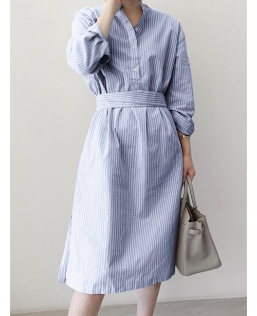 Stripe Pocket Belt Slit Hem Long Sleeve Stand Coll...