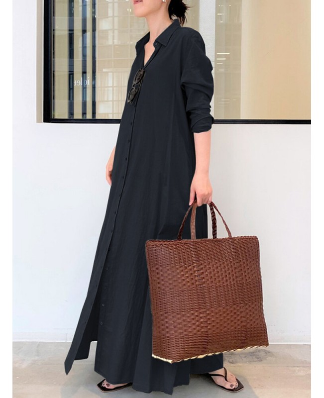 Women Retro Solid Color Turn-Down Collar Loose Casual Shirt Dress With Pocket - Army Green S