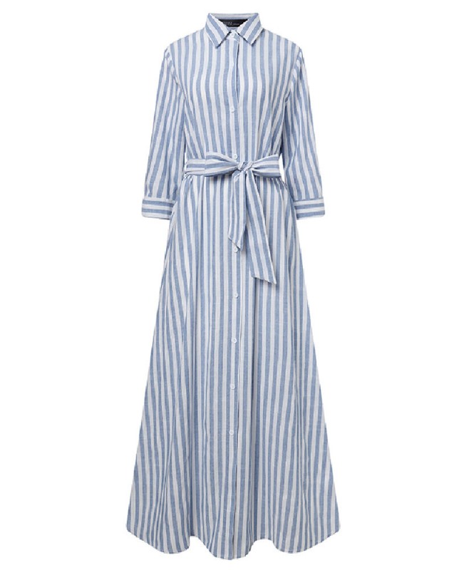 Women 100% Cotton Classical Striped Print Lapel Button Front Lace-Up Casual Shirt Dress - Black S