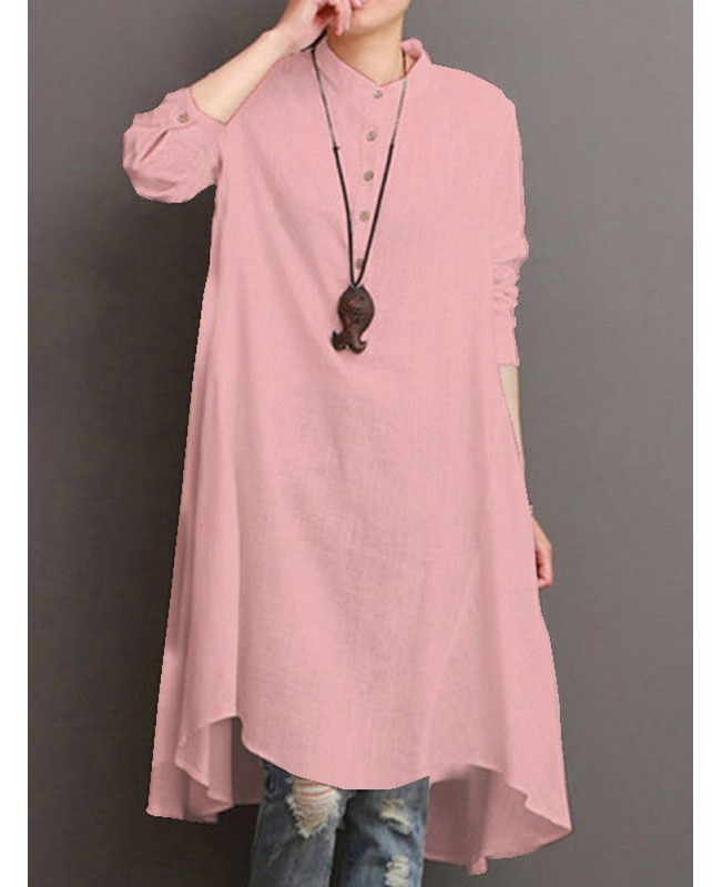 Women Button Down Baggy Blouse Casual Loose Asymmetric Shirt Dress - White M