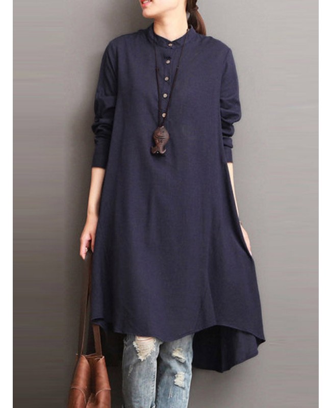 Women Button Down Baggy Blouse Casual Loose Asymmetric Shirt Dress - White M