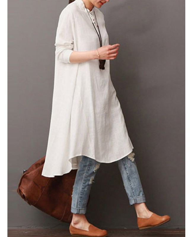 Women Button Down Baggy Blouse Casual Loose Asymmetric Shirt Dress - White M