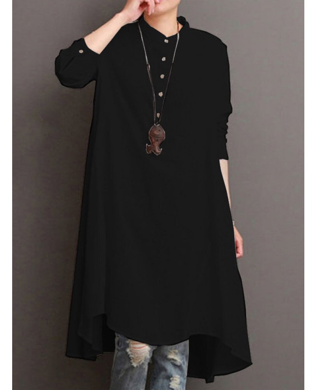 Women Button Down Baggy Blouse Casual Loose Asymmetric Shirt Dress - White M