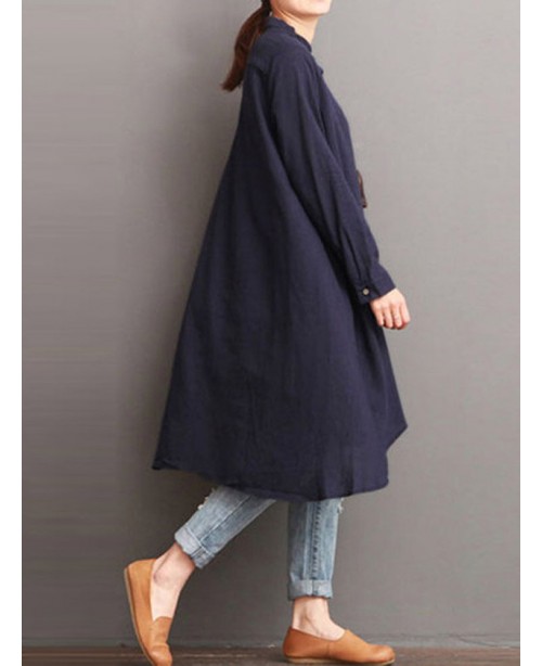 Women Button Down Baggy Blouse Casual Loose Asymme...
