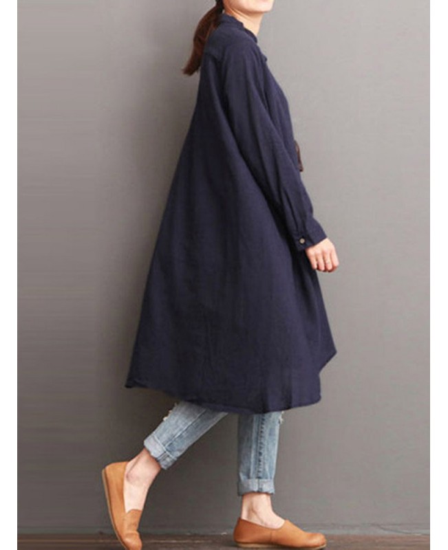 Women Button Down Baggy Blouse Casual Loose Asymmetric Shirt Dress - White M