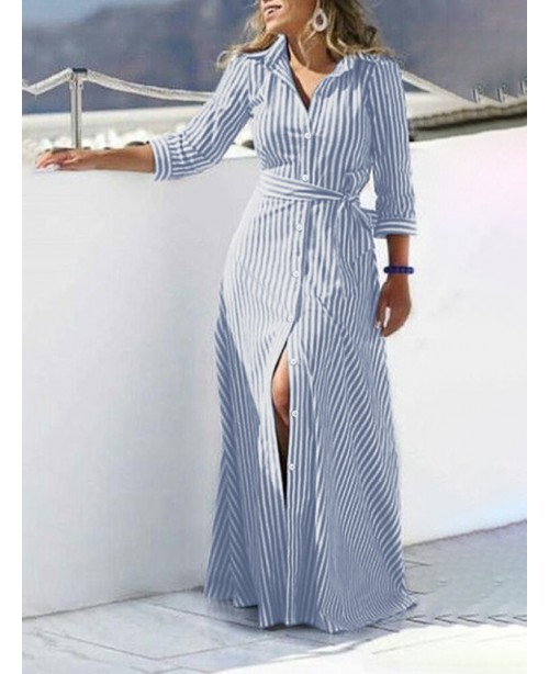 Women 100% Cotton Classical Striped Print Lapel Bu...