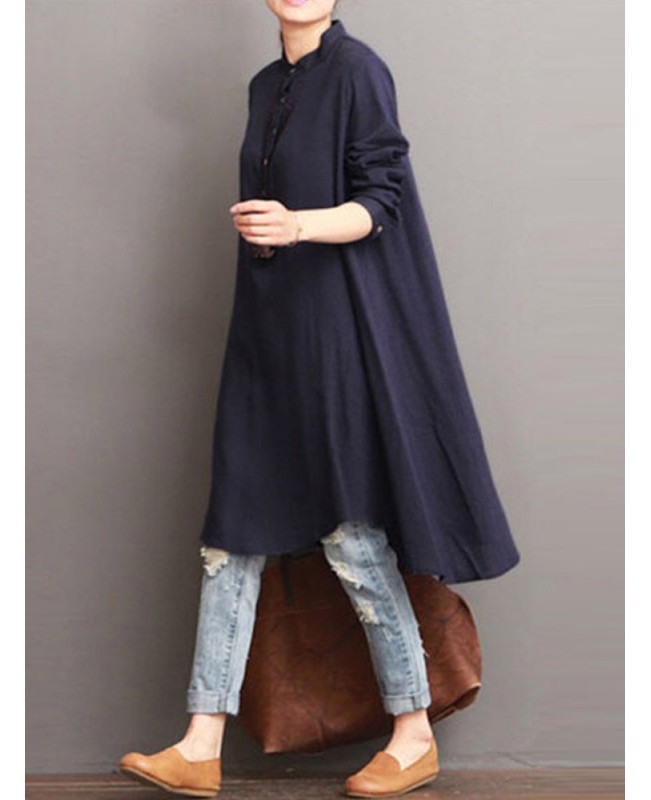 Women Button Down Baggy Blouse Casual Loose Asymmetric Shirt Dress - White M