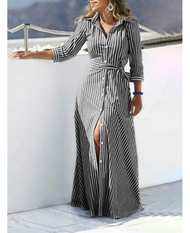 Women 100% Cotton Classical Striped Print Lapel Button Front Lace-Up Casual Shirt Dress - Black S