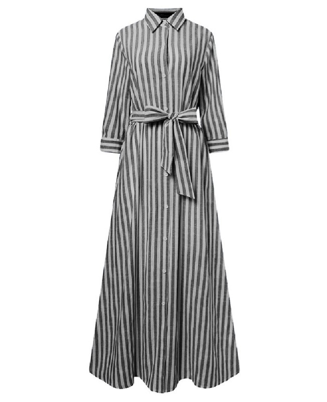 Women 100% Cotton Classical Striped Print Lapel Button Front Lace-Up Casual Shirt Dress - Black S