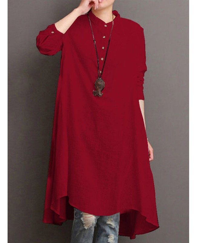 Women Button Down Baggy Blouse Casual Loose Asymmetric Shirt Dress - White M