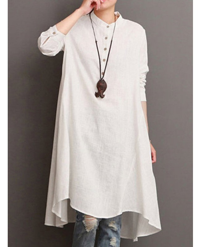 Women Button Down Baggy Blouse Casual Loose Asymmetric Shirt Dress - White M