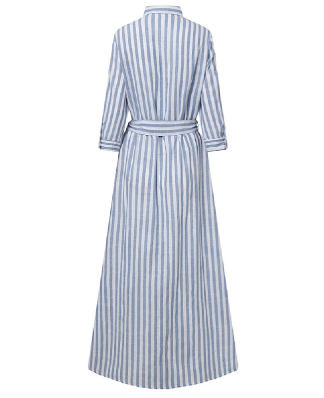 Women 100% Cotton Classical Striped Print Lapel Button Front Lace-Up Casual Shirt Dress - Black S