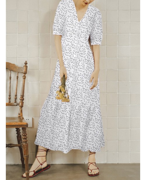 Polka Dot Print V-neck Short Sleeve Buttons Summer...