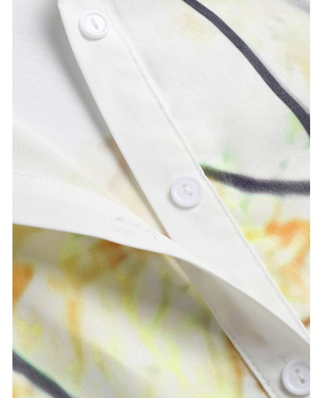Plant Print Pocket Button Lapel Short Sleeve Shirt Dress - Yellow S