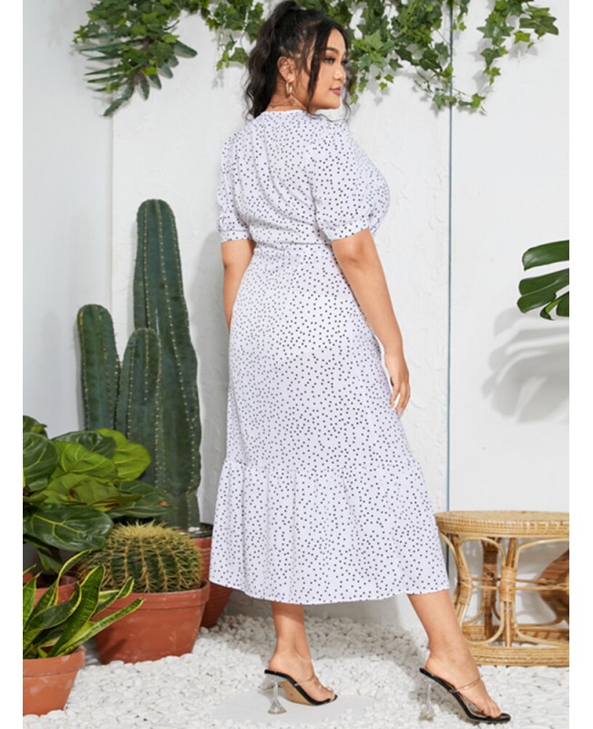 Polka Dot Print V-neck Short Sleeve Buttons Summer Beach Holiday Shirt Dress - Black S