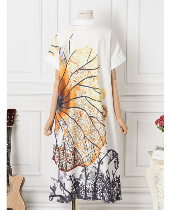 Plant Print Pocket Button Lapel Short Sleeve Shirt Dress - Yellow S
