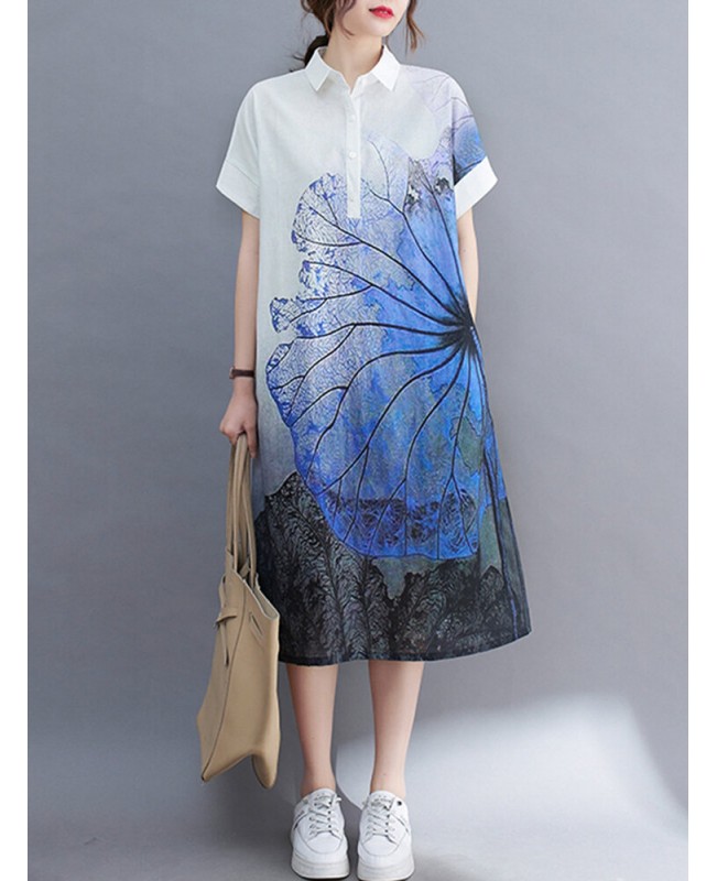 Plant Print Pocket Button Lapel Short Sleeve Shirt Dress - Yellow S